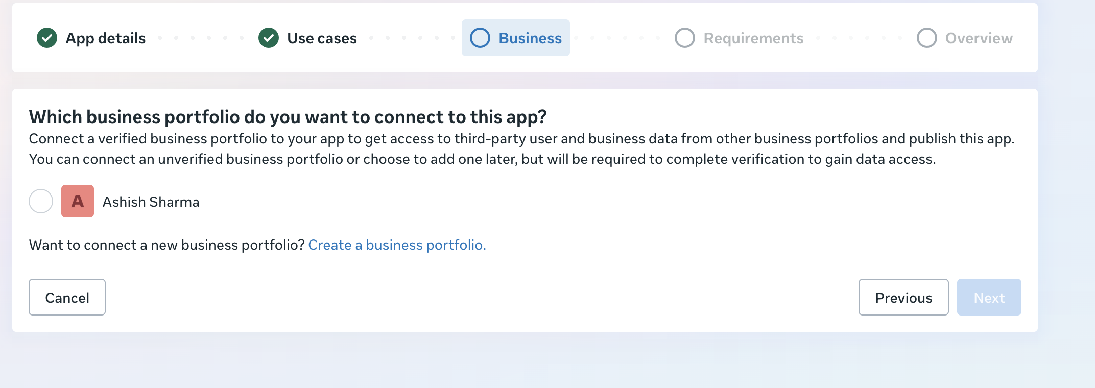 Meta app-creation screen showing only a personal profile as a connectable business portfolio option