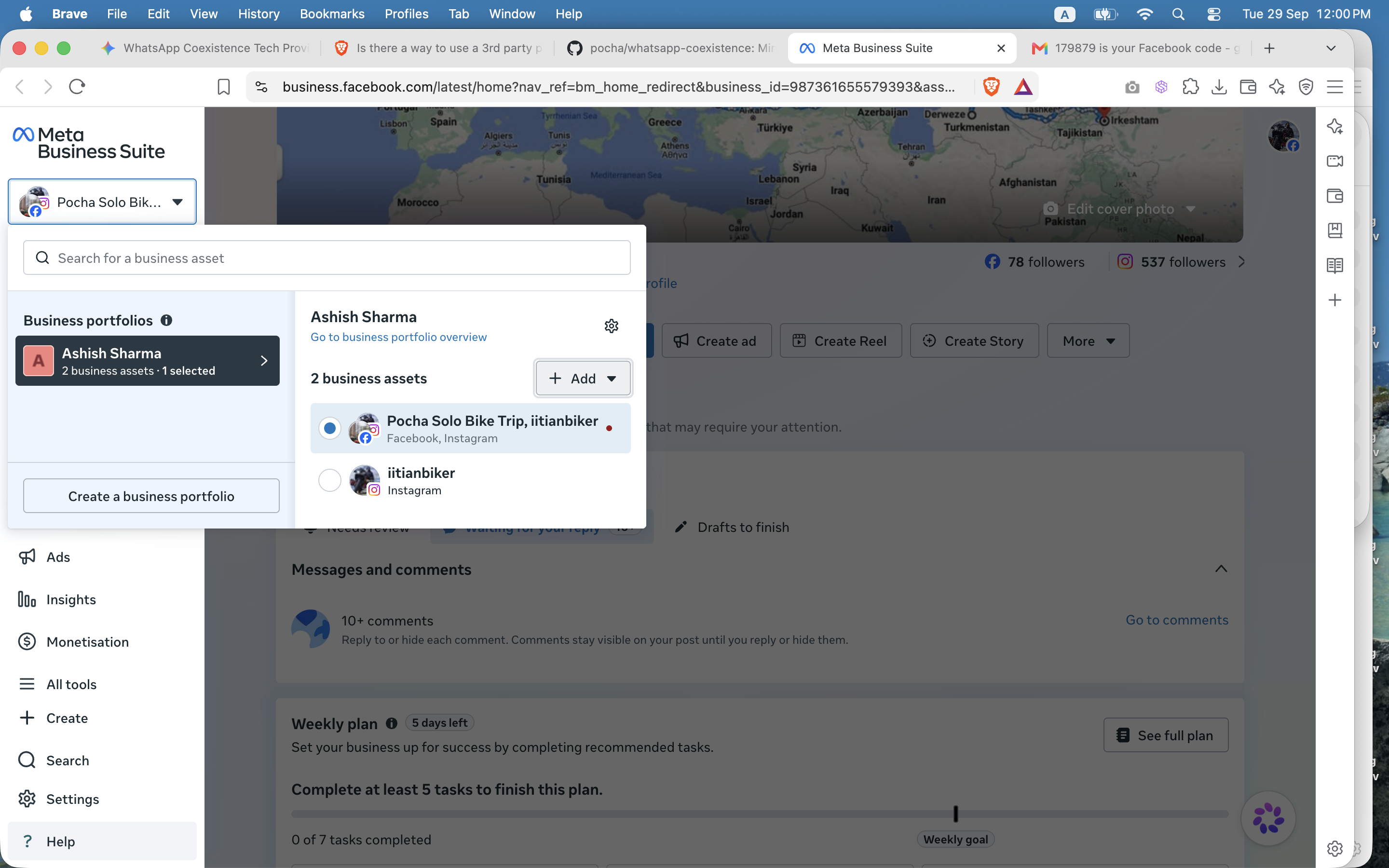 Meta Business Suite portfolio switcher with the 'Create a business portfolio' button